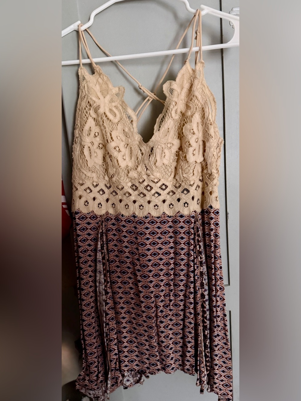 gimmicks by BKE Cream Lace Bodice Mini Dress with Geo Print Skirt